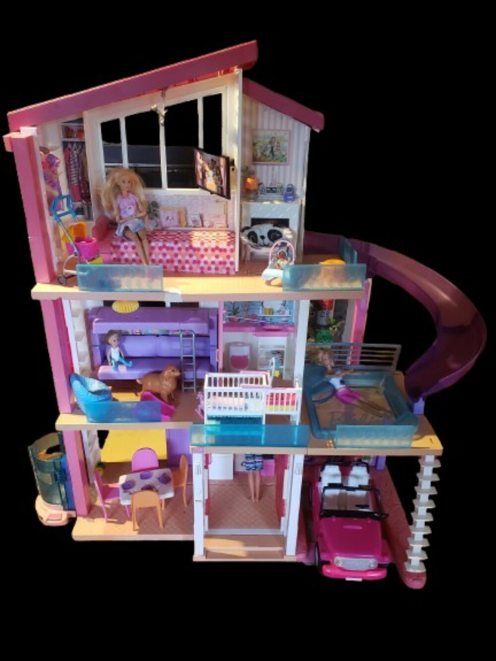 Barbie Multi-Level Dollhouse Playset Pink Purple Slide Furn(everything Inculded)